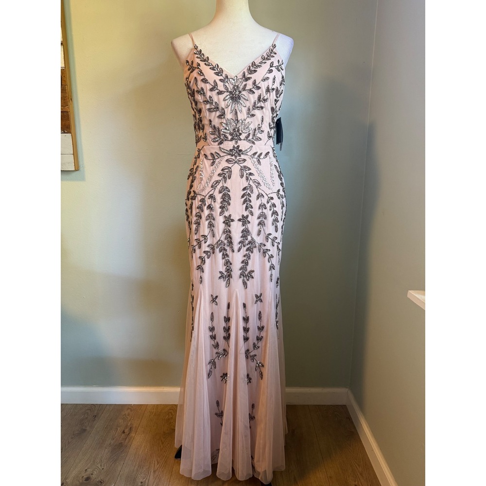 Marina Beaded Mesh Gown Blush Pink whimsi Sequin Formal Maxi Dress 10 NEW dainty - Picture 7 of 11